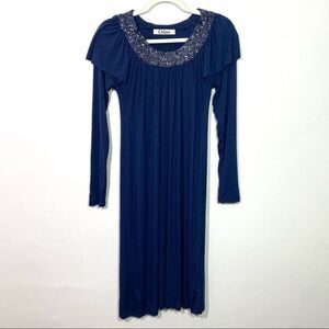CHLOE Blue Long Sleeved Midi Dress with Beaded Collar and Fringed Shoulders